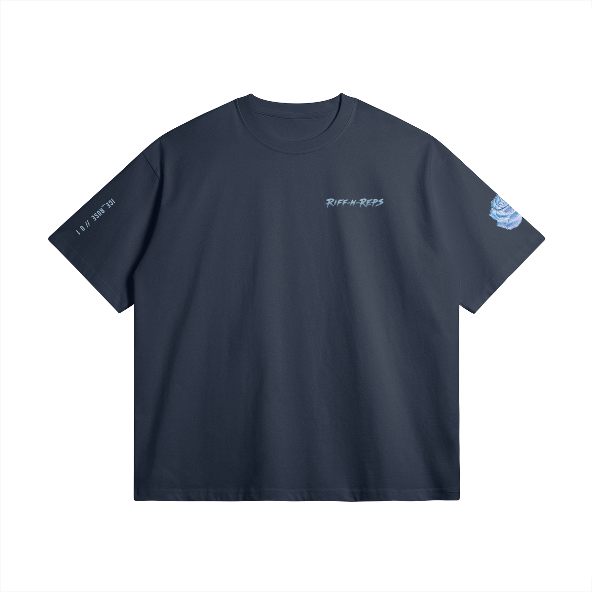 0-YD0-FronFlat Front Mockup des ICE ROSE Oversized Heavy Tee mit Ice-Blue RiFF_N_REPS Logo und Sleeve-Detailst Side