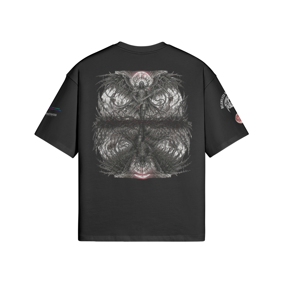 Rückansicht eines dunkelgrünen Oversized T-Shirts mit einem großflächigen, symmetrisch gespiegelten Grafikdruck eines Engels mit Gitarre im Metal-Stil.