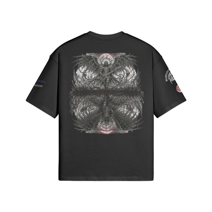 Rückansicht eines dunkelgrünen Oversized T-Shirts mit einem großflächigen, symmetrisch gespiegelten Grafikdruck eines Engels mit Gitarre im Metal-Stil.